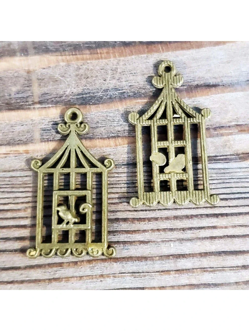 Antique Brass Pewter Art Deco Nouveau Bird & Cage Pendants 29x18mm 10 pcs
